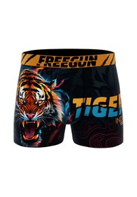 Boxer shorts noirs avec un graphisme vibrant de tigre, des accents orange et un texte audacieux. Le matériau semble doux, avec un design ajusté et une taille élastique.