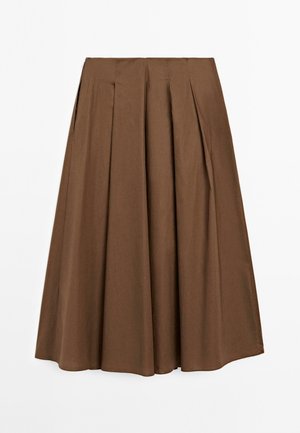 Brown pleated skirt made of lightweight fabric with a high waist. The design features a flowing silhouette and smooth texture.