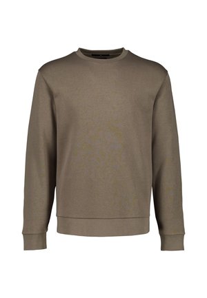 Langärmliges Sweatshirt mit Rundhalsausschnitt in einfarbig gedämpftem Olivgrün mit gerippten Bündchen und Saum, auf weißem Hintergrund dargestellt.