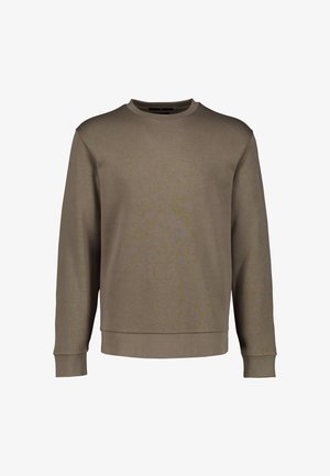 Langärmliges Sweatshirt mit Rundhalsausschnitt in einfarbig gedämpftem Olivgrün mit gerippten Bündchen und Saum, auf weißem Hintergrund dargestellt.