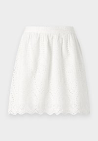 White eyelet skirt with a scalloped hem. Features a gathered waistband and intricate pierced patterns throughout the fabric.