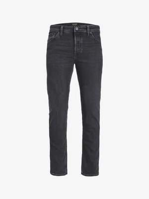 Jean en denim noir avec coupe droite, design à cinq poches, fermeture par bouton et détails de couture subtils. Le tissu semble robuste avec une légère élasticité.