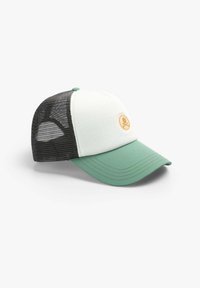 Baseball cap with black mesh back, white front panel featuring a small orange skull and crossbones, and green curved brim.