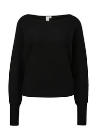 Schwarzer, gekürzter Pullover mit weitem Bootsausschnitt, geripptem Muster und langen Ärmeln. Einfaches Design ohne Muster oder zusätzliche Hardware.
