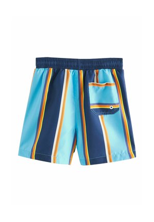 Pánske plavky vyrobené z ľahkej tkaniny, s horizontálnymi pruhmi v odtieňoch modrej, oranžovej a žltej farby. Súčasťou sú bočné vrecká.