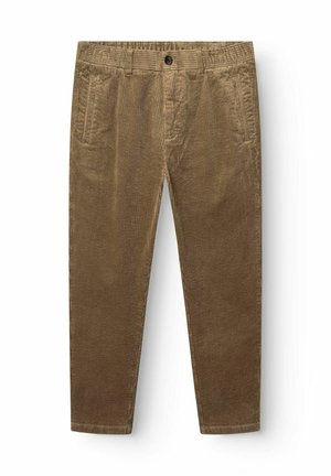 Siltīgas brūnas korduroja bikses ar vertikālu ribošanu, pogu aizdari un elastīgu jostu. Iekļauti divi sānu kabatas.