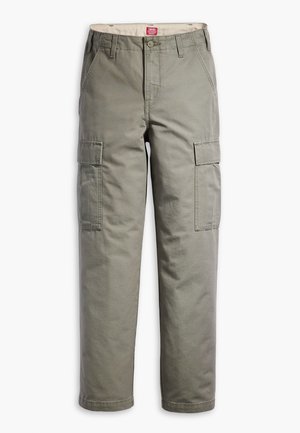 Cargo pants in olive green, made of durable cotton blend, featuring side pockets, a straight leg design, and a button closure.