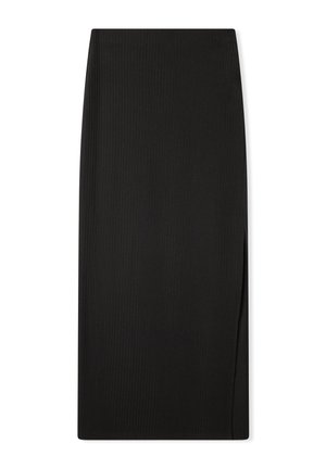 Gonna maxi nera a costine con silhouette dritta, dotata di uno spacco laterale per facilitare i movimenti. Realizzata in un tessuto leggero e elasticizzato.