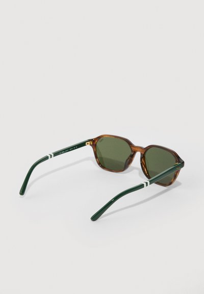 Ochelari de soare cu rame din scoică de țestoasă, lentile cu nuanță verde și brațe de un verdet închis, având două dungi albe și branding "POLO" în aur.