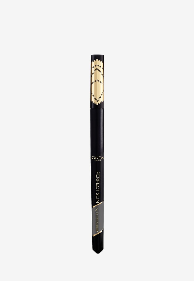 Schwarzer Eyelinerstift mit goldener geometrischer Akzentuierung auf dem Deckel. Das Etikett trägt in goldener Schrift "Perfect Slim" auf dem schwarzen Körper. Schlanke Form.