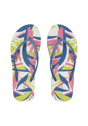 Paire de tongs avec des lanières bleues et des motifs abstraits de feuilles colorées en rose, bleu, jaune et blanc sur les semelles.