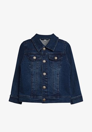 Chaqueta de mezclilla azul oscuro con cierre frontal de botones, dos bolsillos con solapa y botón en el pecho, mangas largas y cuello clásico.