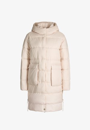 Light beige padded winter coat with hood, two front flap pockets, and a front zipper extending from the hem to the chest.
