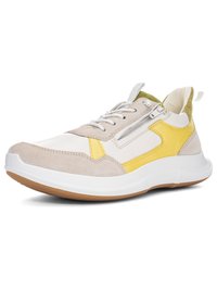 Low-profile sneaker with white, beige, and yellow panels, white laces, side zipper, and brown rubber sole.