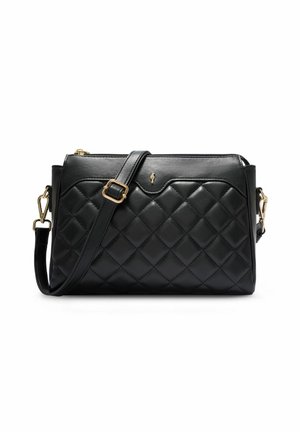 Czarna skórzana torebka na ramię z pikowanym wzorem w kształcie diamentów, złotym zapięciem i klamrami oraz zamkiem błyskawicznym na górze.