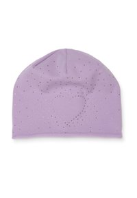 Cappello berretto viola elastico decorato con strass sparsi, con un motivo a cuore al centro. Tessuto morbido, vestibilità aderente.