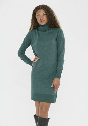 Grünes Rollkragen-Strickkleid aus weichem Material, mit langen Ärmeln, gerippten Bündchen und einer figurnahen Silhouette.