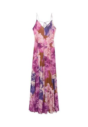 Robe maxi florale présentant un mélange de teintes violettes et brunes, en tissu léger, avec de fines bretelles spaghetti et une silhouette fluide.