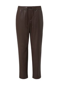 Bruine faux leren broek met een elastische tailleband, verstelbaar trekkoord, taps toelopende benen en contrasterende stiksels op de knieën.