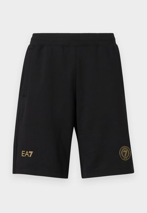 Melnas šortus no mīkstas auduma ar elastīgu jostu. Priekšpusē ir zelta EA7 logo un noapaļots akcenta details sānos.