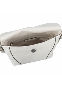 Weiße Lederschultertasche mit strukturierter Oberfläche, Reißverschluss und einem einzelnen Magnetverschluss. Verfügt über eine Innenstasche zur Organisation.