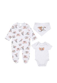 Grey baby outfit set with Dumbo elephant prints, including a long-sleeve onesie, short-sleeve bodysuit, and a matching bandana bib.