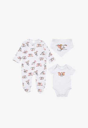 Graues Baby-Outfit-Set mit Dumbo-Elefantendrucken, einschließlich eines Langarm-Overalls, eines Kurzarm-Bodys und einem passenden Bandana-Lätzchen.
