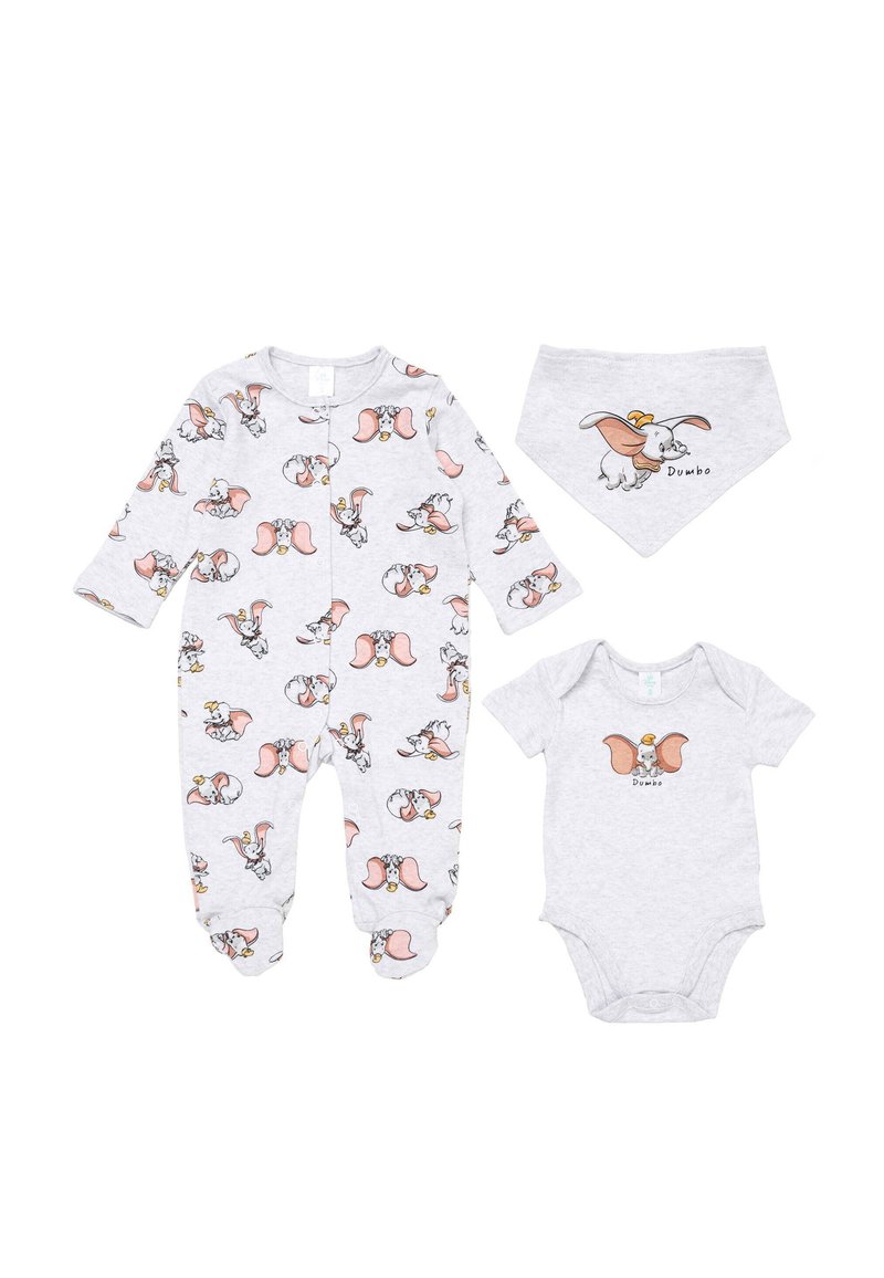 Grey baby outfit set with Dumbo elephant prints, including a long-sleeve onesie, short-sleeve bodysuit, and a matching bandana bib.