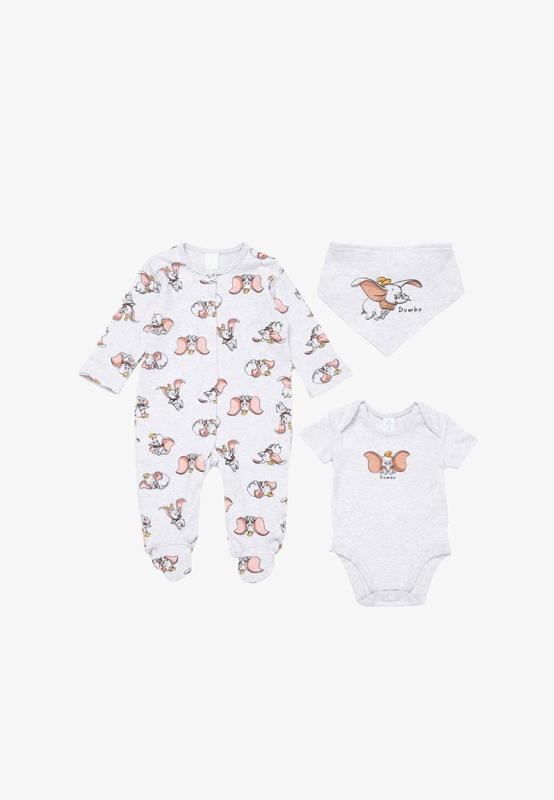 Grey baby outfit set with Dumbo elephant prints, including a long-sleeve onesie, short-sleeve bodysuit, and a matching bandana bib.
