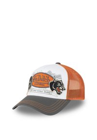 Casquette de camionneur en tissu blanc et gris, avec un dos en maille orange, un design de panthère noire et un logo brodé avec des accents de coutures oranges.