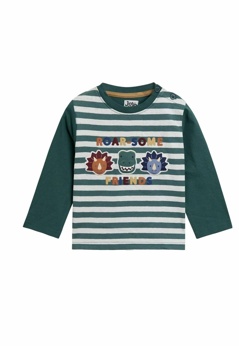 Grün und grau gestreiftes Langarmshirt mit dem Text „ROAR-SOME FRIENDS“ und Tiergrafiken; verfügt über Schulterknöpfe für einfaches Anziehen.