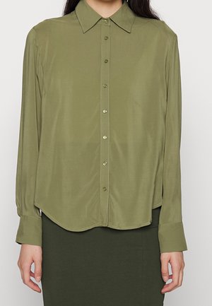 Langärmliges Hemd in Olivgrün mit durchgehender Knopfleiste, spitzem Kragen und Manschettenärmeln; glatter Stoff und abgerundeter Saum.