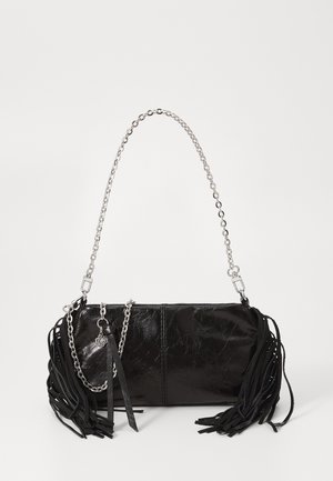 Black faux leather bag with metallic chain handle, featuring long fringes on the sides and a small tassel accent. Smooth, shiny texture.