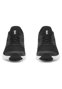 Para czarnych butów do biegania marki Reebok z białymi podeszwami, widok z przodu, pokazujący sznurowadła i oddychającą siateczkową konstrukcję.