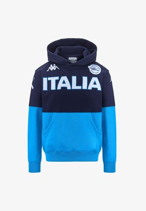 Felpa con cappuccio con design a blocchi di colore blu navy e azzurro. Presenta la scritta "ITALIA" in lettere grandi, tasca frontale a marsupio e logo Kappa.