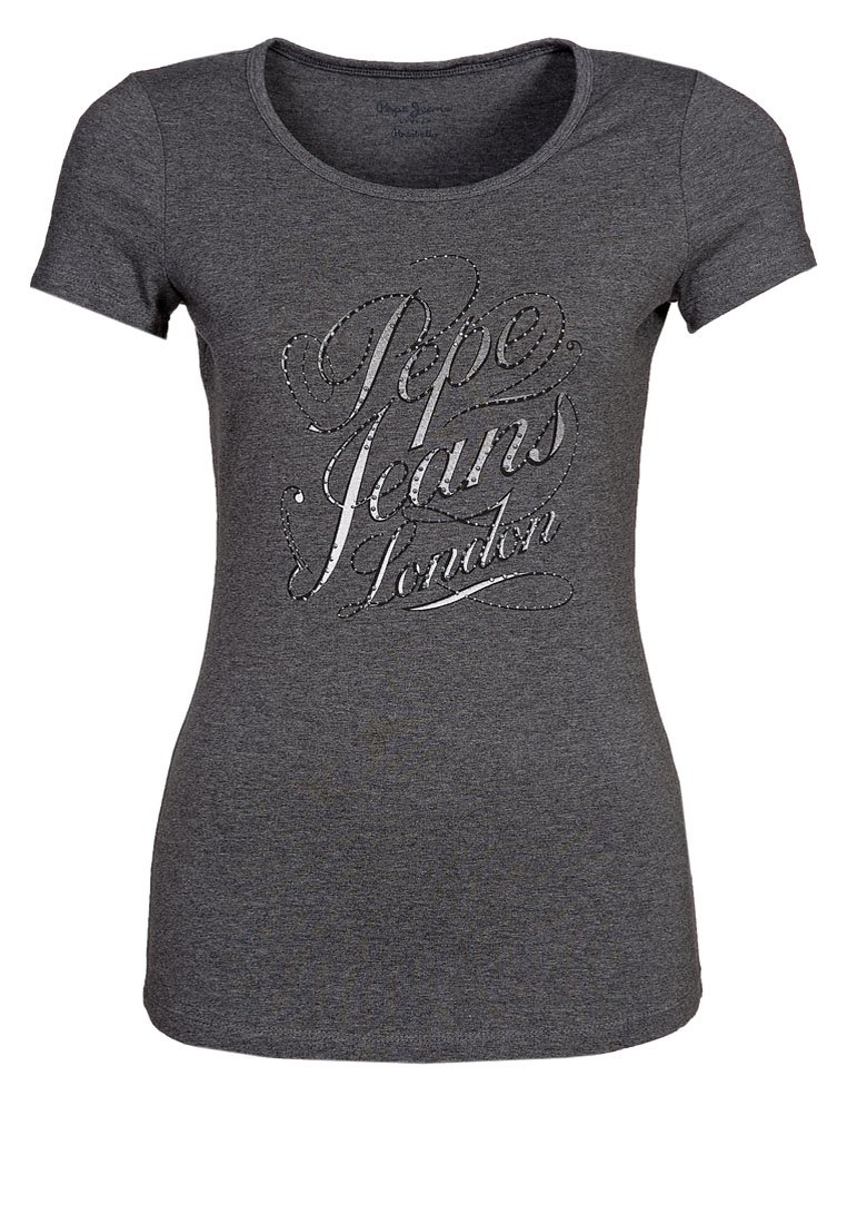 Šedé bavlněné tričko s krátkým rukávem, na přední straně s stříbrným potiskem "Pepe Jeans London" v kurzívě.