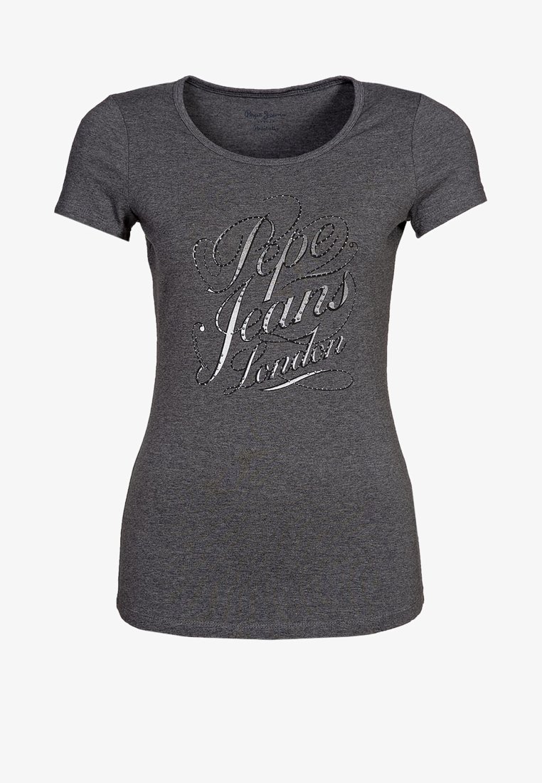 Šedé bavlněné tričko s krátkým rukávem, na přední straně s stříbrným potiskem "Pepe Jeans London" v kurzívě.
