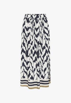 Elastic-waist skirt in a white fabric featuring a black abstract pattern. Includes navy and beige horizontal stripes at the hem.