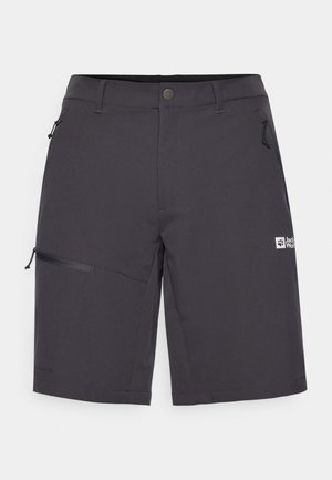 Dunkelgraue Shorts aus leichtem Material, ausgestattet mit zwei Seitentaschen, einer Reißverschlusstasche und einem Logo auf der Vorderseite. Flaches Taillenband-Design.