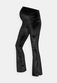 Leggings pretas, com corte flare, feitas de um material suave e aveludado, apresentando um design de cintura alta, adequadas para uso na maternidade.