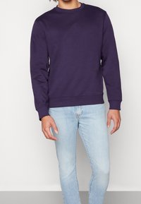 Person wearing a plain dark purple long-sleeve crew neck sweatshirt and light blue jeans against a plain background.