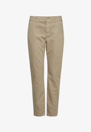 Chino in cotone beige con vestibilità dritta, tasche anteriori e zip. Tessuto liscio, design minimalista e orli risvoltati.