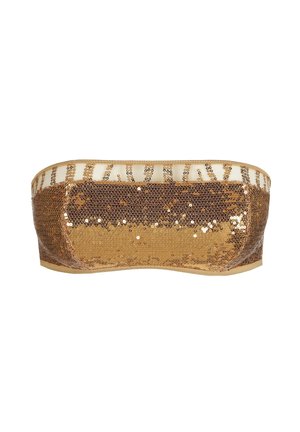 Gouden sequins bandeau-top met een effen basis, een gestructureerd patroon langs de rand en een gladde binnenvoering, ideaal om te combineren.