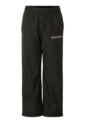 Schwarze Hosen mit elastischem Bund und geraden Beinen, mit dem "bruno banani NOT FOR EVERYBODY" Logo auf dem oberen linken Oberschenkel.