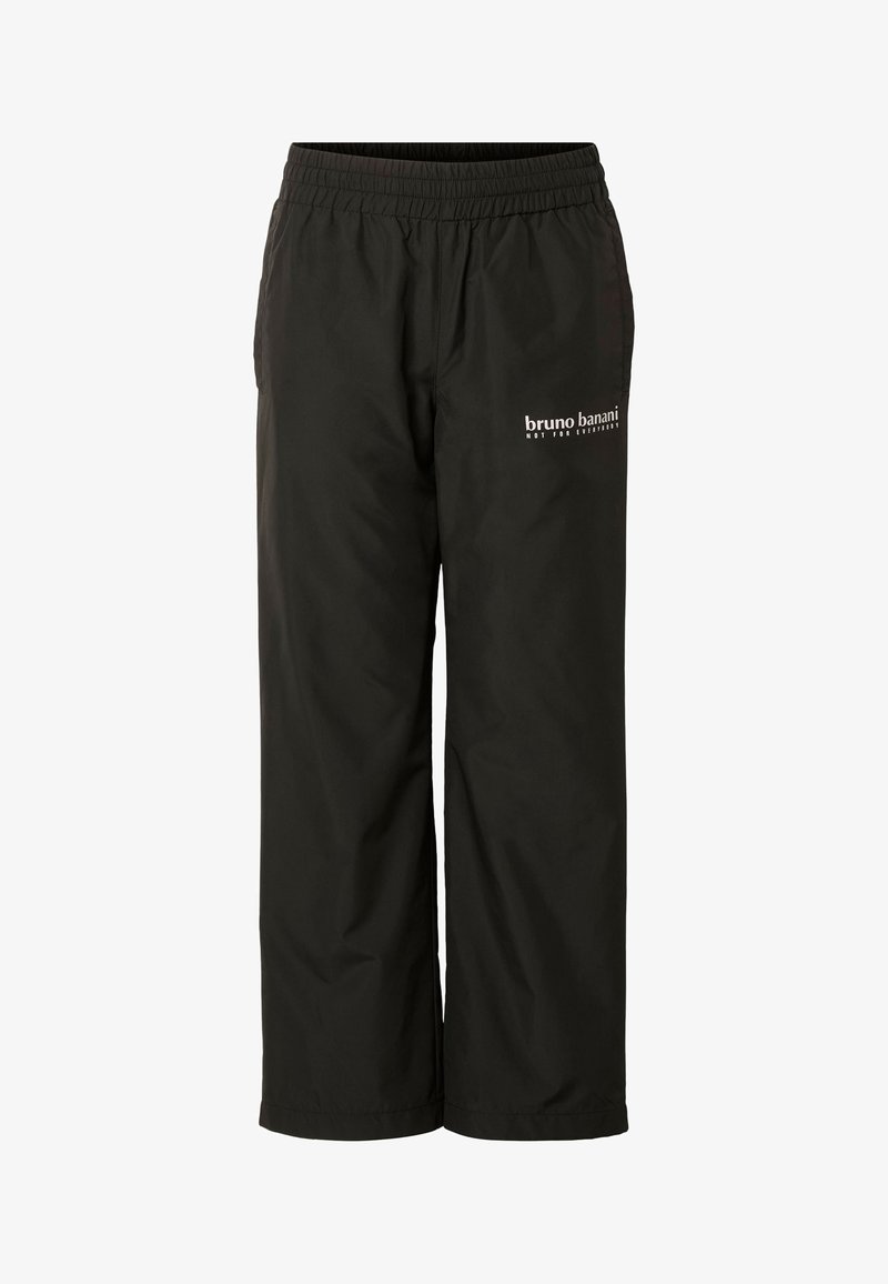 Pantalon noir à taille élastique avec jambes droites, arborant le logo "bruno banani NOT FOR EVERYBODY" sur la cuisse gauche supérieure.