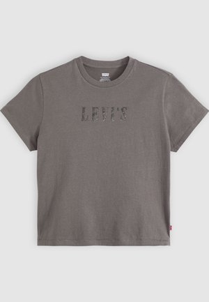 Camiseta de algodón gris con mangas cortas, con "LEVI'S" impreso en letras negras y brillantes en la parte frontal. Diseño clásico de cuello redondo.