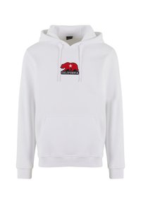 Vit huvtröja med ficka fram. Har en röd broderad Kalifornienbjörn-logotyp med en stjärna, på en svart bakgrund.