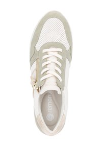 Green and cream sneaker with perforated upper, laces, and a side zipper; rubber sole; smooth and suede textures; logo insole.