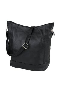 Black leather shoulder bag with a textured finish, a wide opening, adjustable strap, and silver hardware accents.