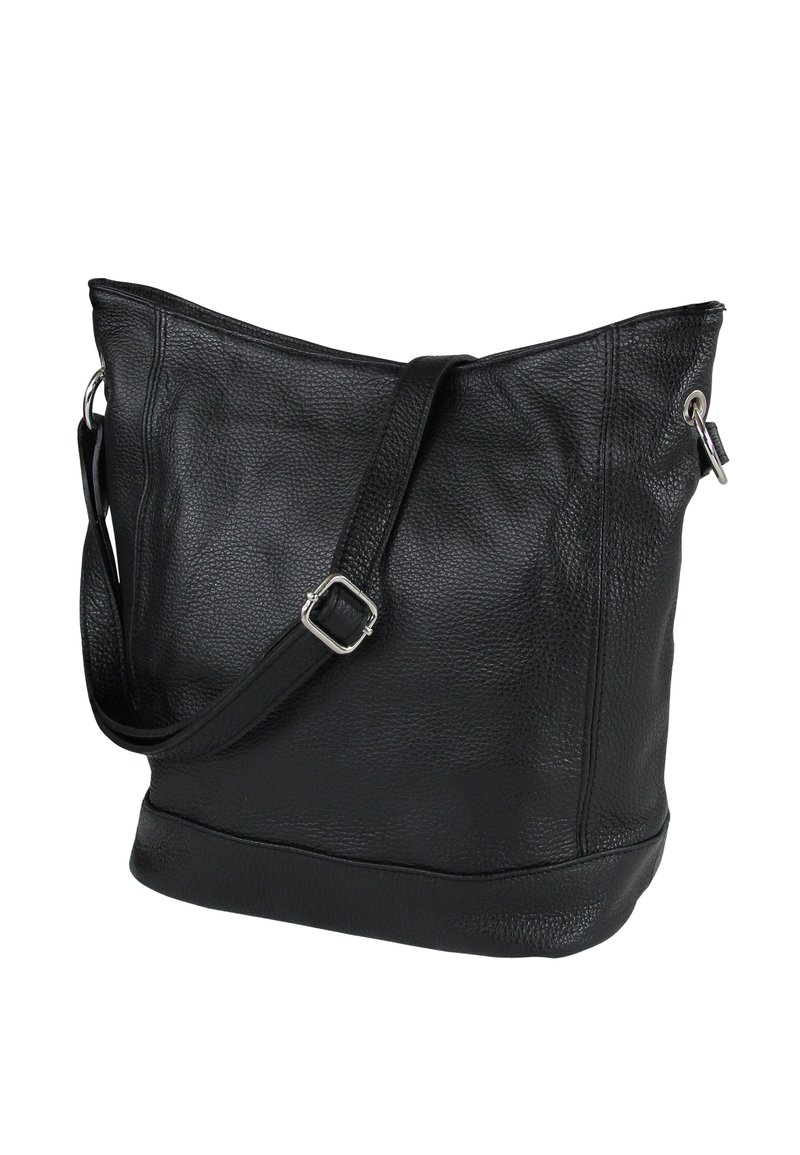 Black leather shoulder bag with a textured finish, a wide opening, adjustable strap, and silver hardware accents.